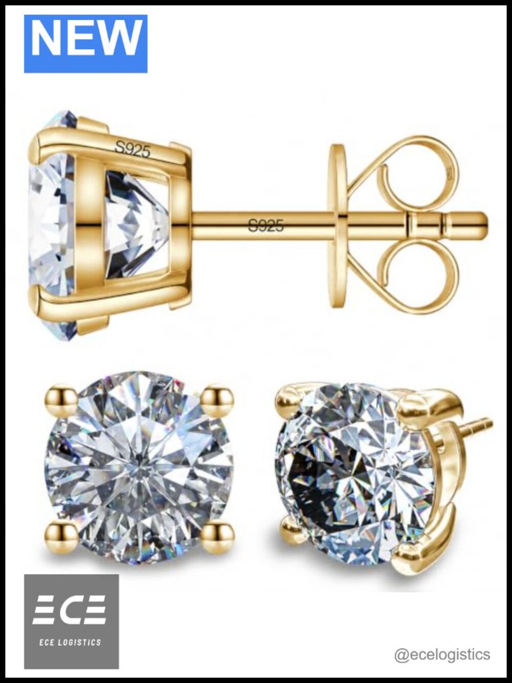 Moissanite Stud Earrings 925 Sterling Silver 14k Yellow Gold Plated
